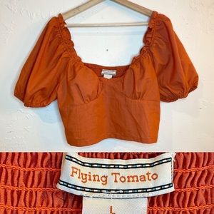 Flying Tomato Crop Top with Puff Sleeve Bright Red Orange
